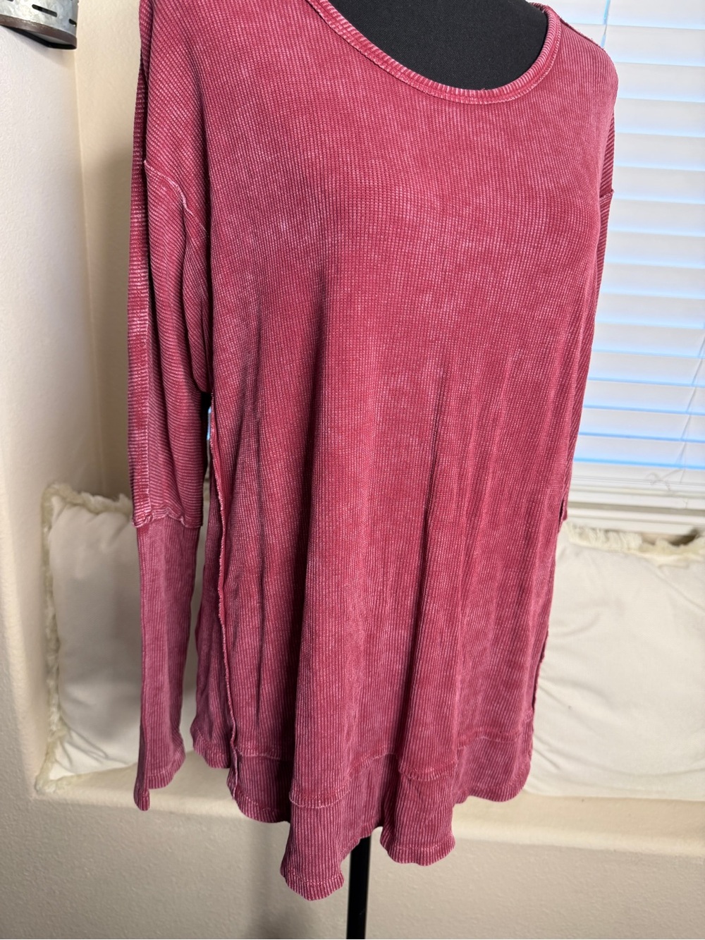 Easel Washed Ribbed Long Sleeve Oversized Boho Tunic Top - Raspberry Rose - Picture 4 of 7